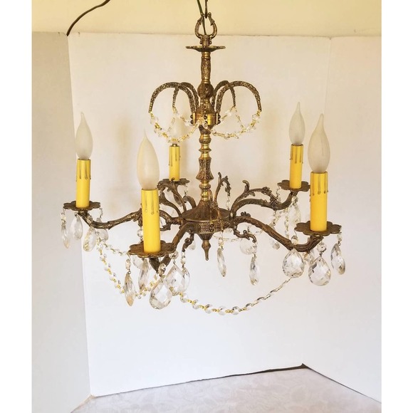 1950s Spanish Decorative Brass 5 Light Chandelier - Picture 2 of 10